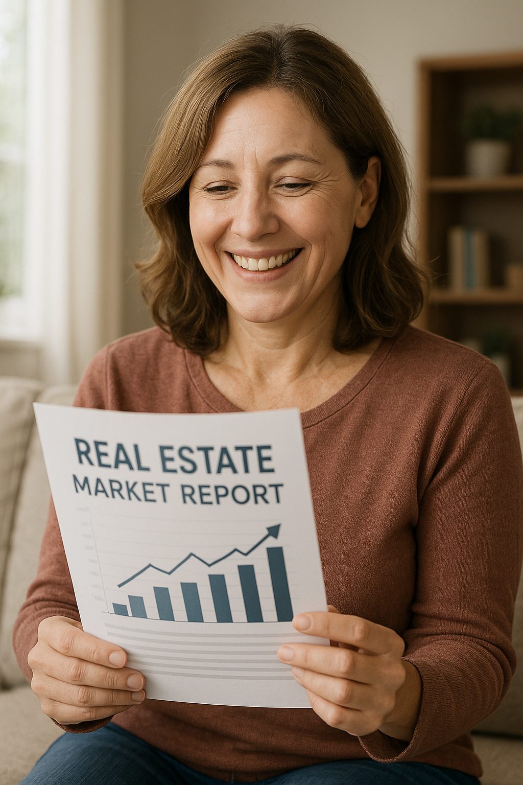 Smiling homeowner reading a real estate market report with rising graph, showing the importance of local housing market stats in Northern Utah.